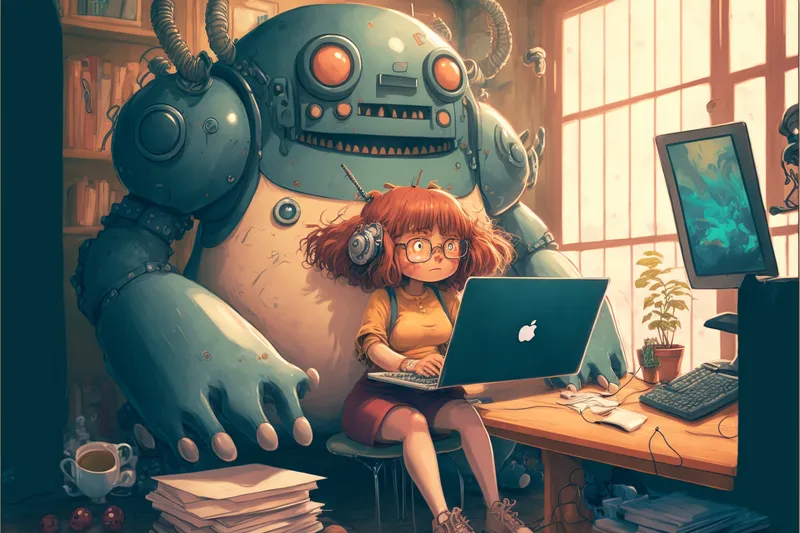 Drawing of a woman working on computer being assisted by a robot