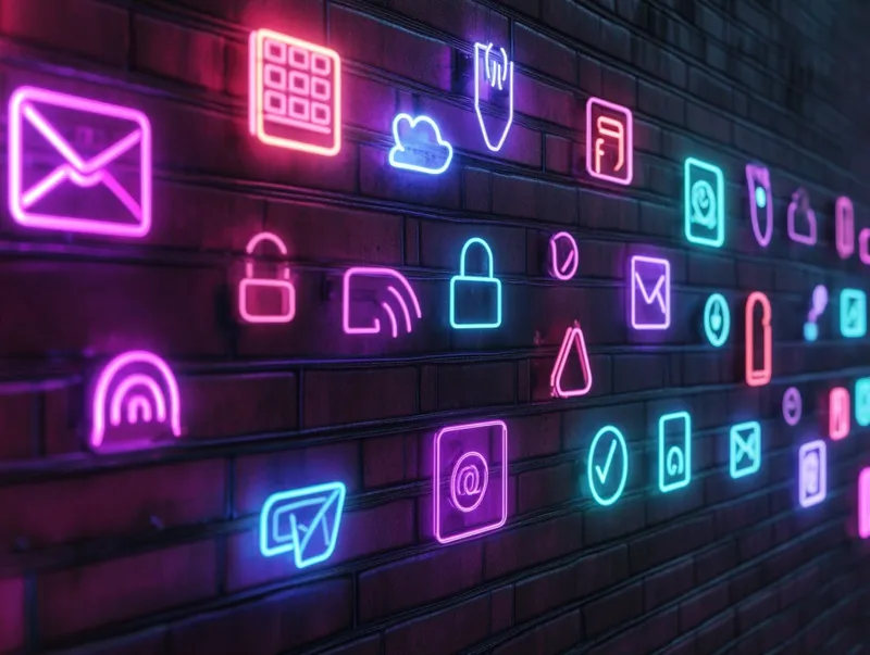 Wall with web icon shaped neon lamps