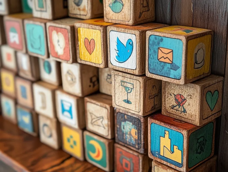 Wall of wooden blocks with web related images