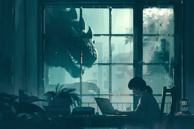 Drawing of a girl working on laptop with a monster outside looking at her